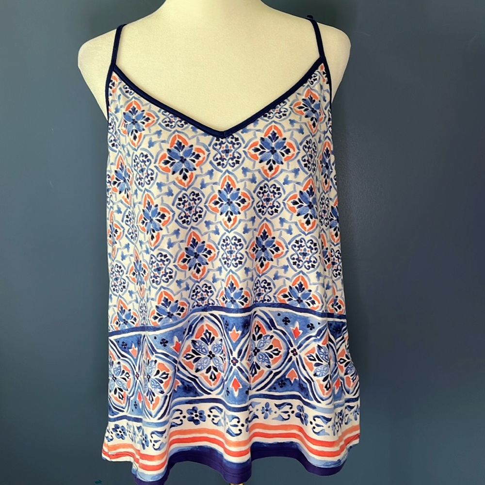 In Bloom Racer back tank top, adjustable spaghetti straps, crochet detail,